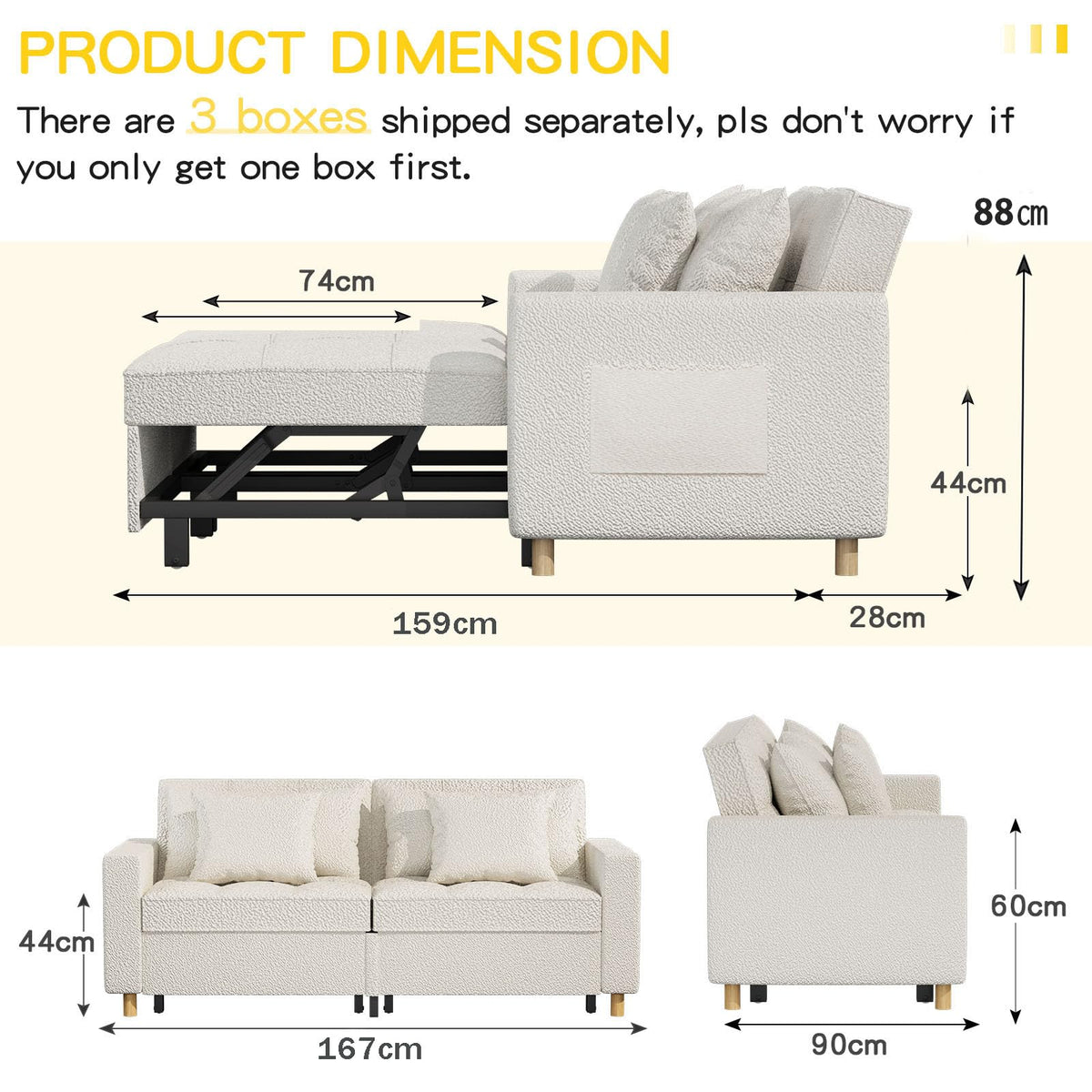 3-in-1 Convertible Sofa Bed with Dual Independent Adjustable Backrests and Castor Wheels, White Linen
