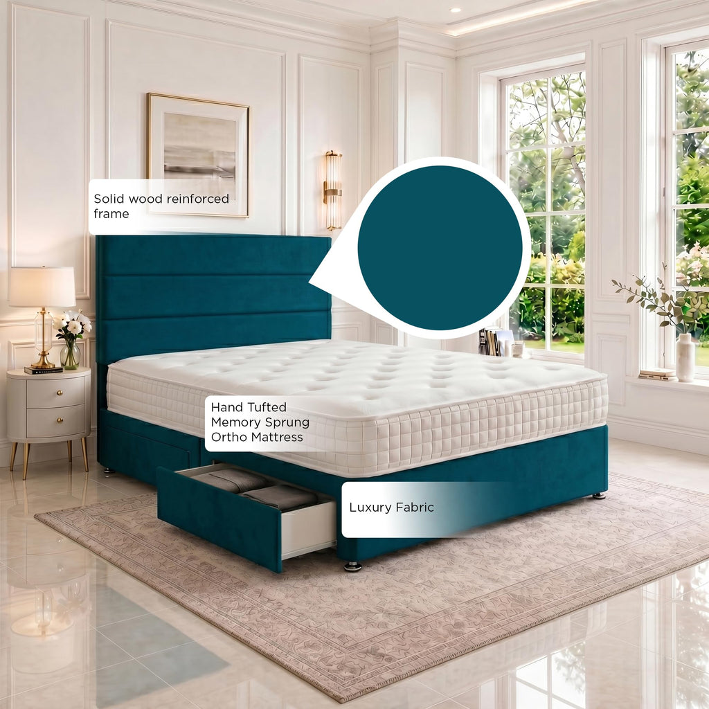 5ft King Size Divan Bed Set with Orthopaedic Mattress, 2 Storage Drawers and 26-Inch Headboard, Jade
