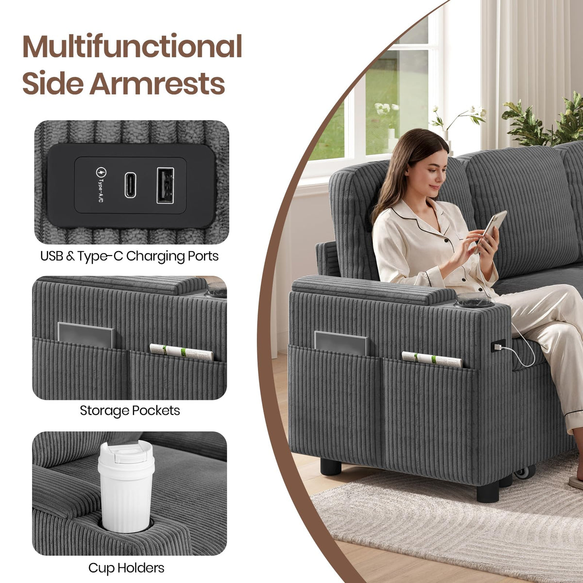 L-Shaped 3-in-1 Velvet Sofa Bed with 6-Position Adjustable Backrest, USB Charging and Storage, Grey