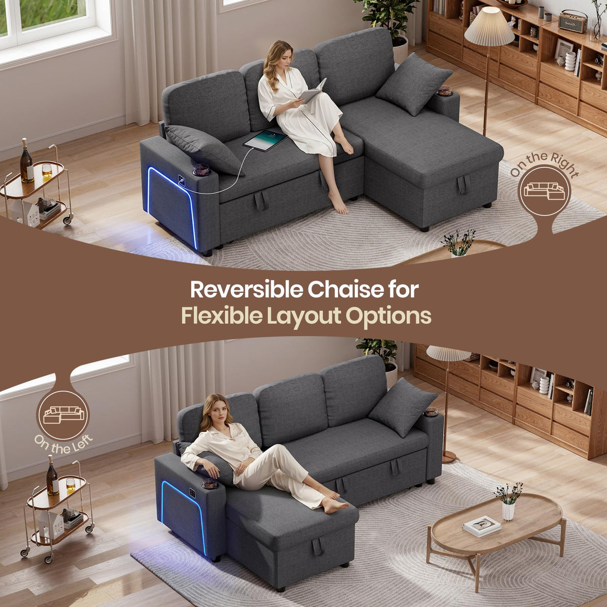 L-Shaped 3-Seater Corner Sofa Bed with LED Lights, USB Charging, Storage and Cup Holders, Grey Linen