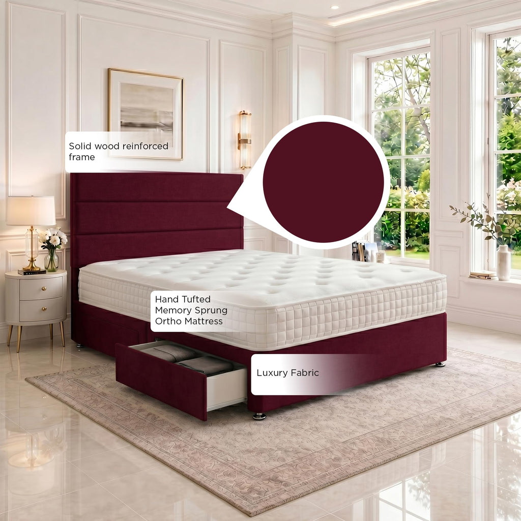 5ft King Size Divan Bed Set with Orthopaedic Mattress, 2 Storage Drawers and 26-Inch Headboard, Mulberry