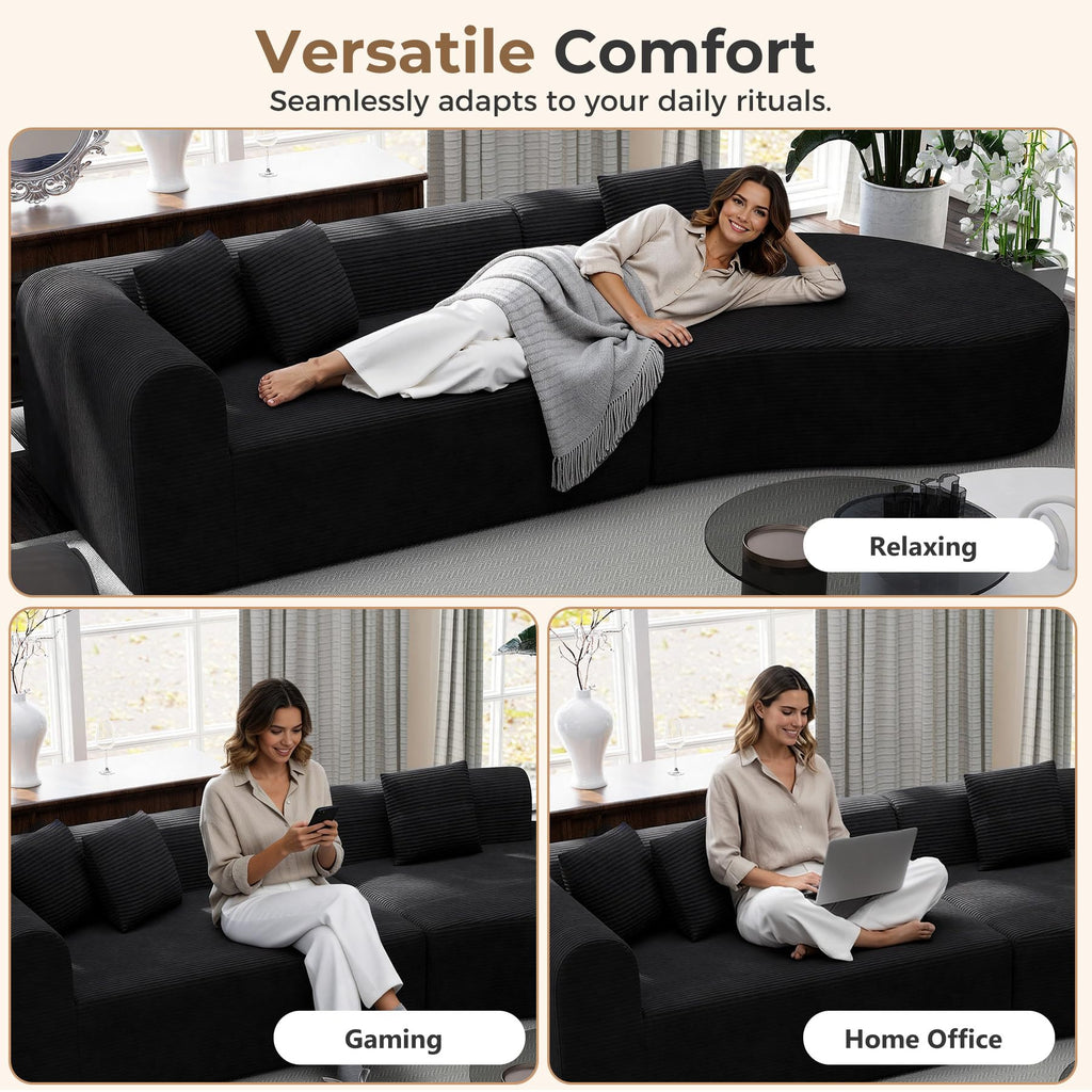 315cm Modular Boneless Corner Sofa in Black Corduroy with Memory Foam Cushions and No Assembly Required
